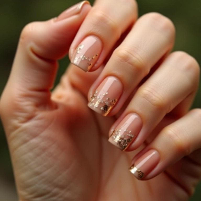 Unhas cor de pele com detalhes em dourado.