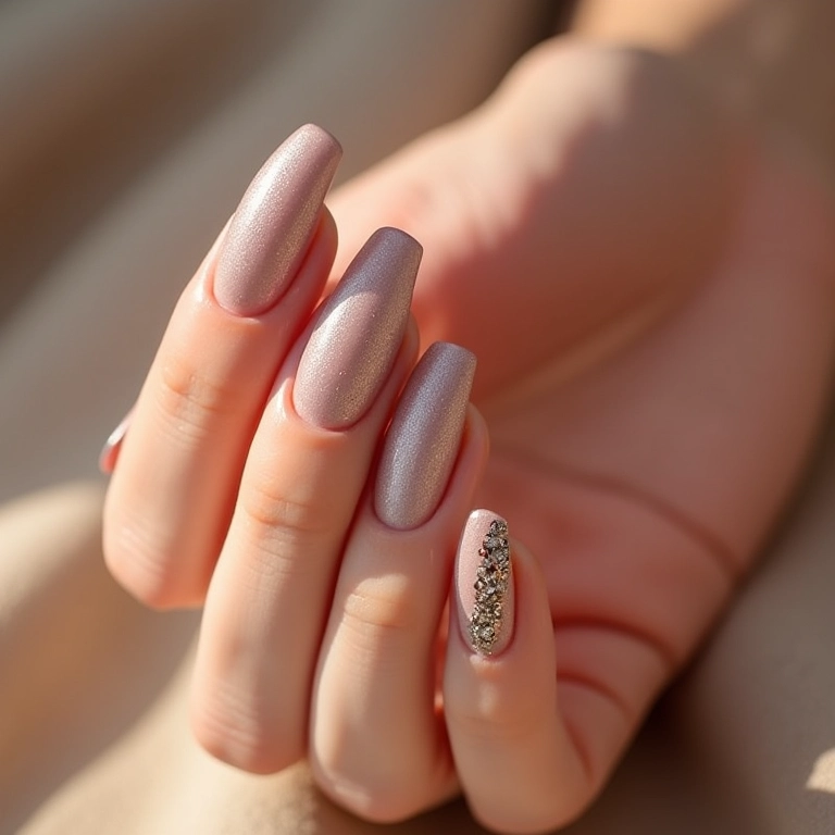 Unhas cor de pele com detalhes em glitter.