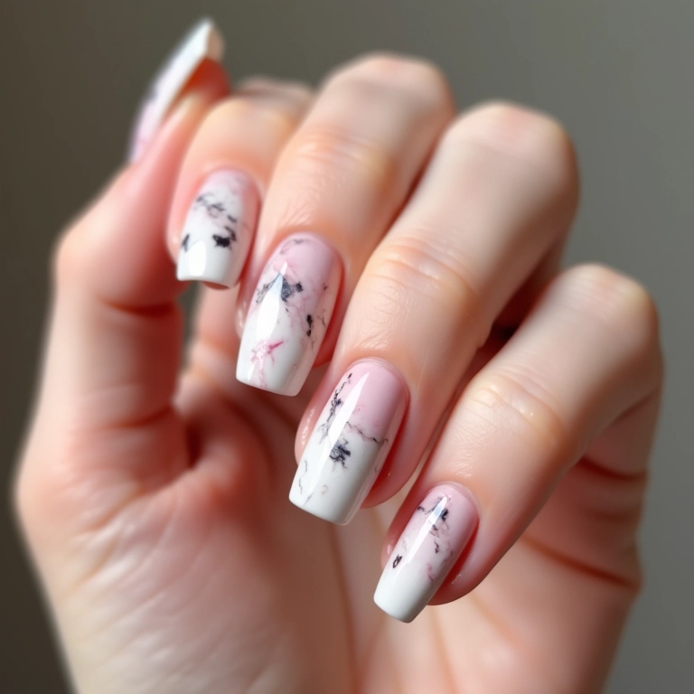 Unhas cor de pele com efeito marmorizado.