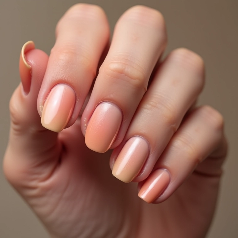 Unhas cor de pele com efeito ombré suave.