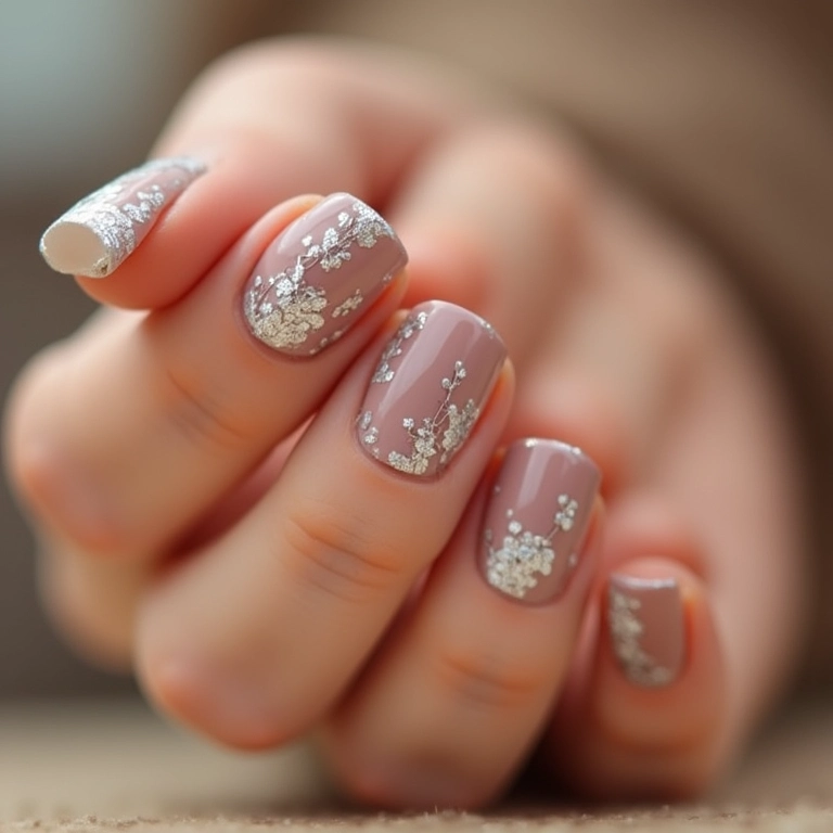 Unhas cor de pele com estampas geométricas.