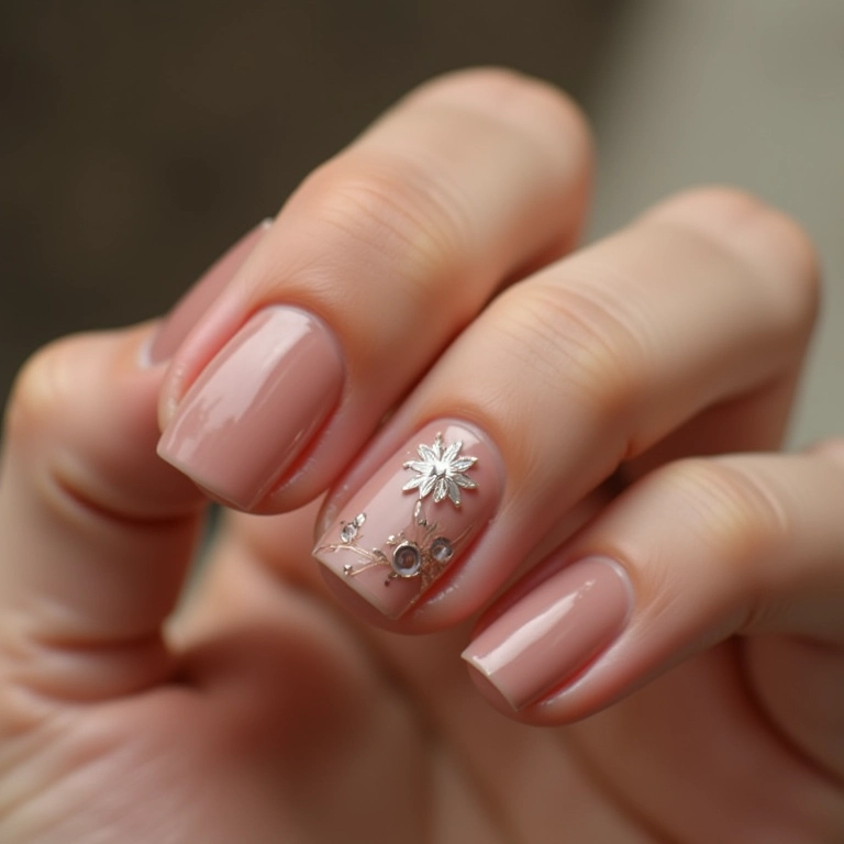 Unhas cor de pele com filha única decorada.