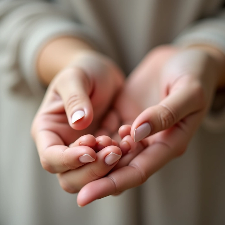Unhas cor nude delicadas em mãos de senhora, estilo minimalista e elegante.