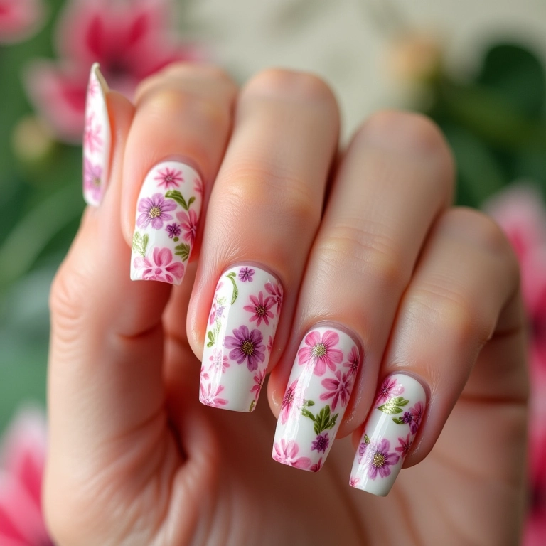 Unhas curtas com adesivos florais delicados.