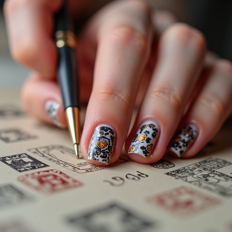 Unhas curtas com desenhos carimbados.