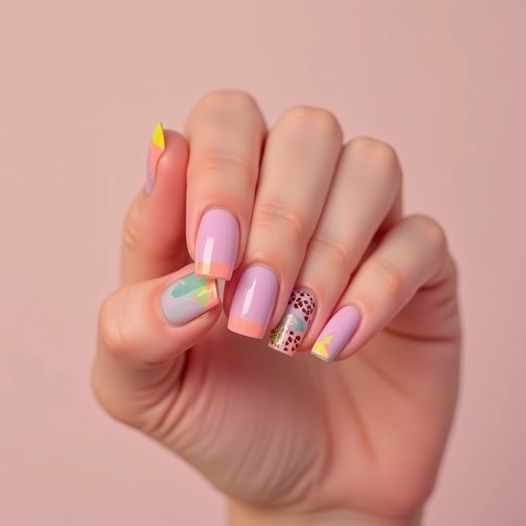Unhas curtas com desenhos geométricos.