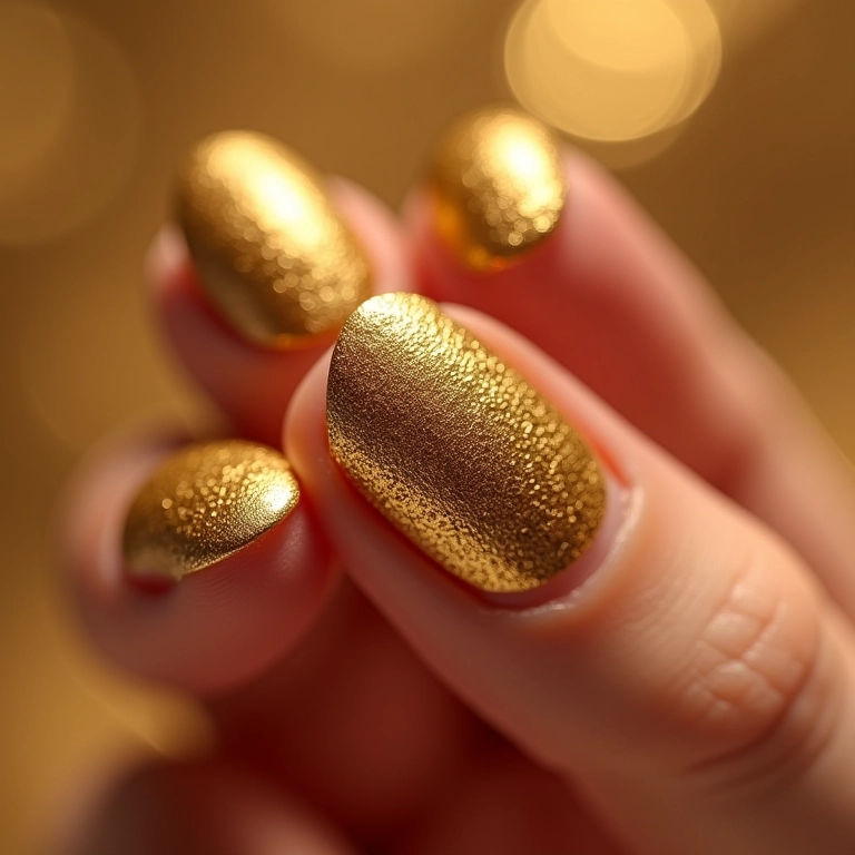 Unhas curtas com detalhes metalizados.