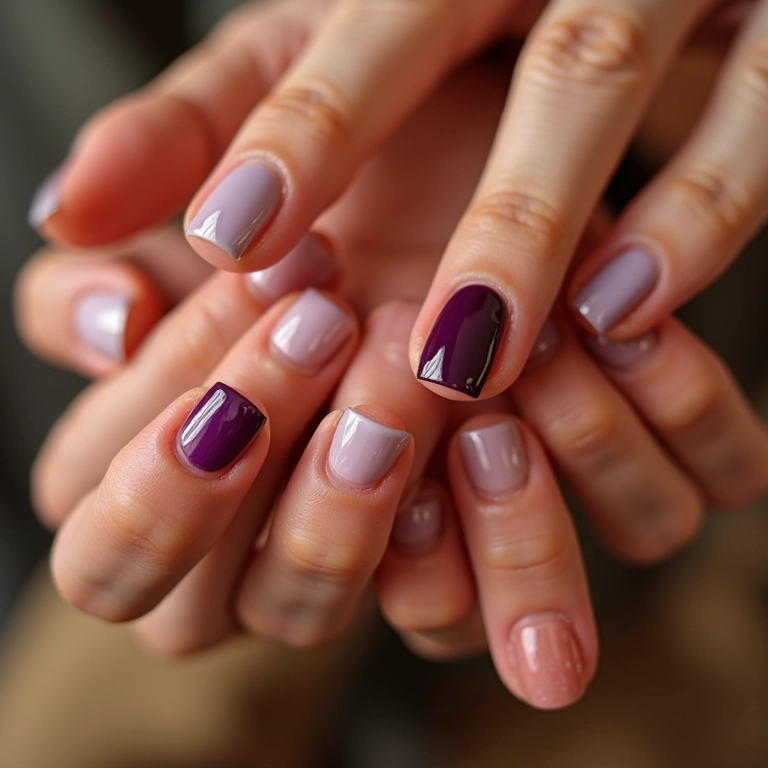 Unhas curtas com diferentes cores de esmalte e estilos de manicure.