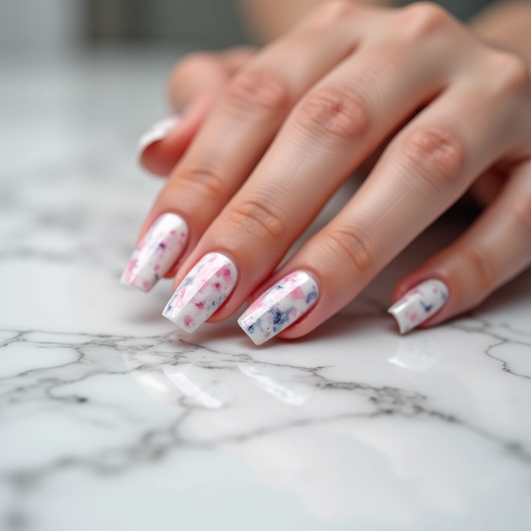 Unhas curtas com efeito marmorizado.