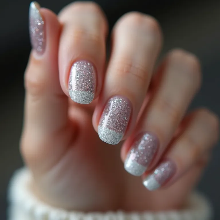 Unhas curtas com francesinha de glitter prata refletindo a luz.