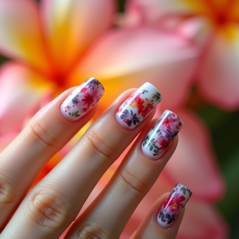 Unhas curtas com películas florais.