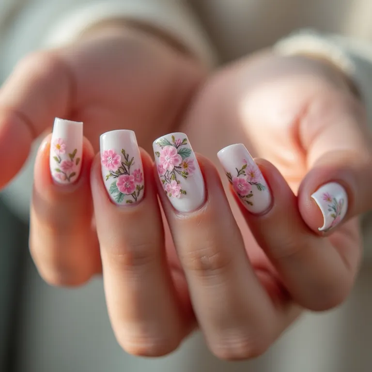 Unhas curtas decoradas com flores delicadas.
