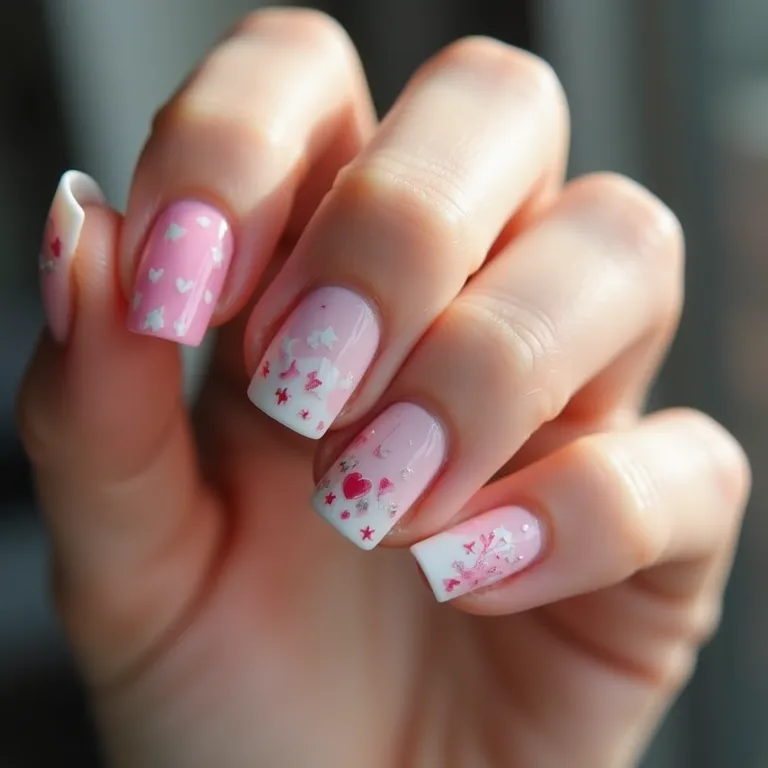 Unhas curtas decoradas com temas: corações e estrelas.