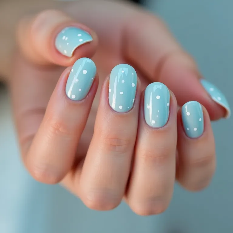 Unhas curtas e arredondadas com esmalte azul pastel e bolinhas brancas.