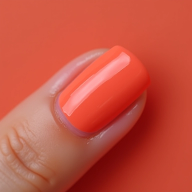 Unhas curtas pintadas em tom coral vibrante.