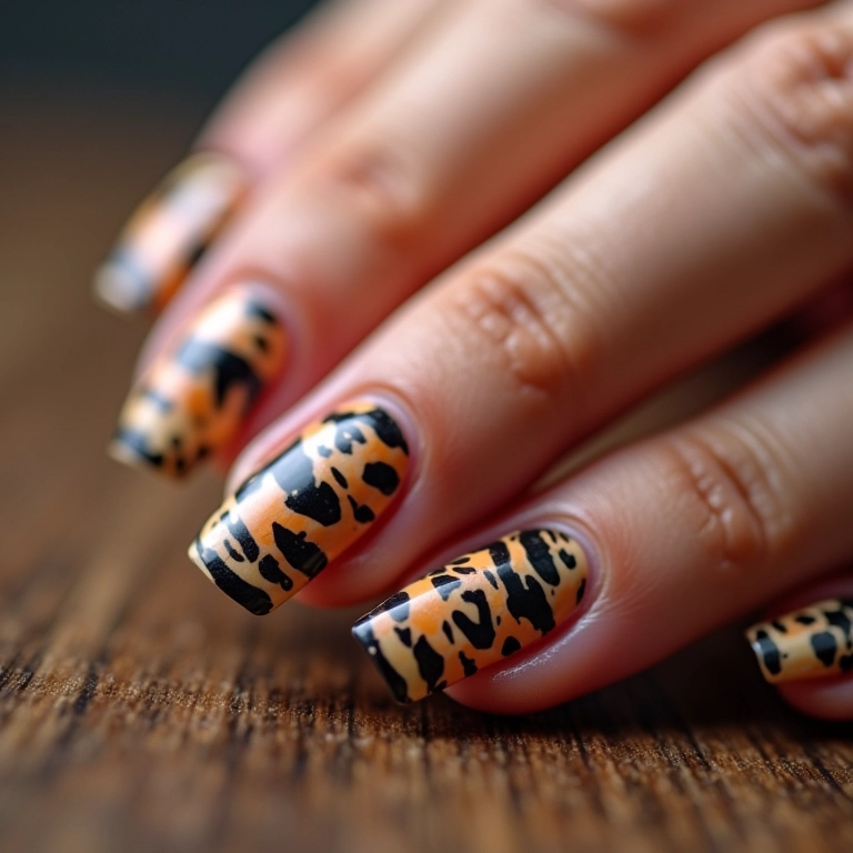 Unhas de acrigel com estampa de animal print.