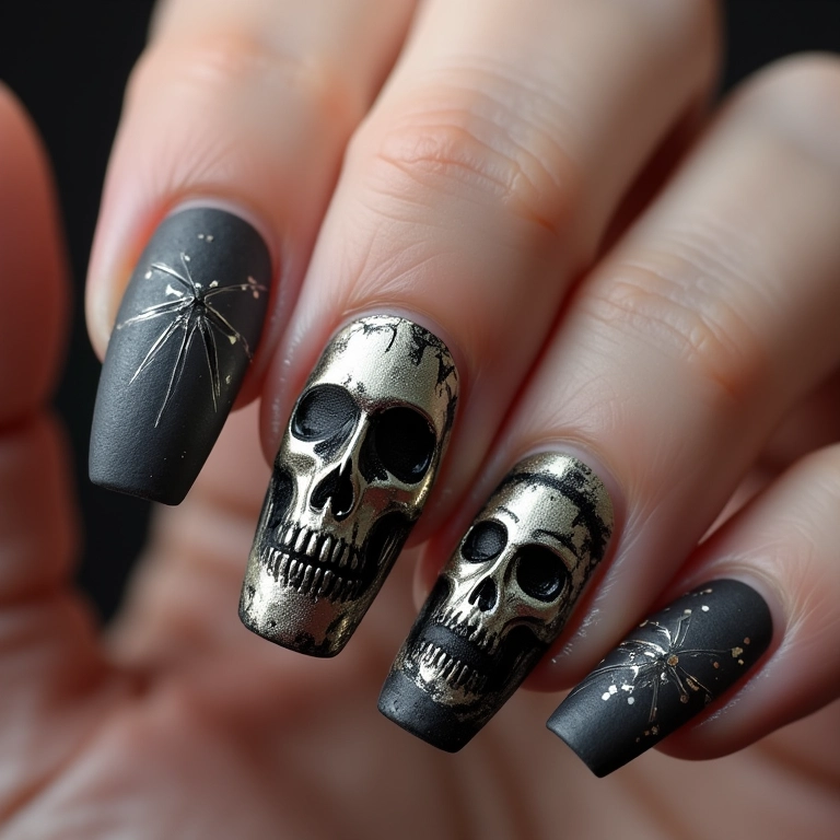 Unhas de caveira com carimbo, detalhes perfeitos.