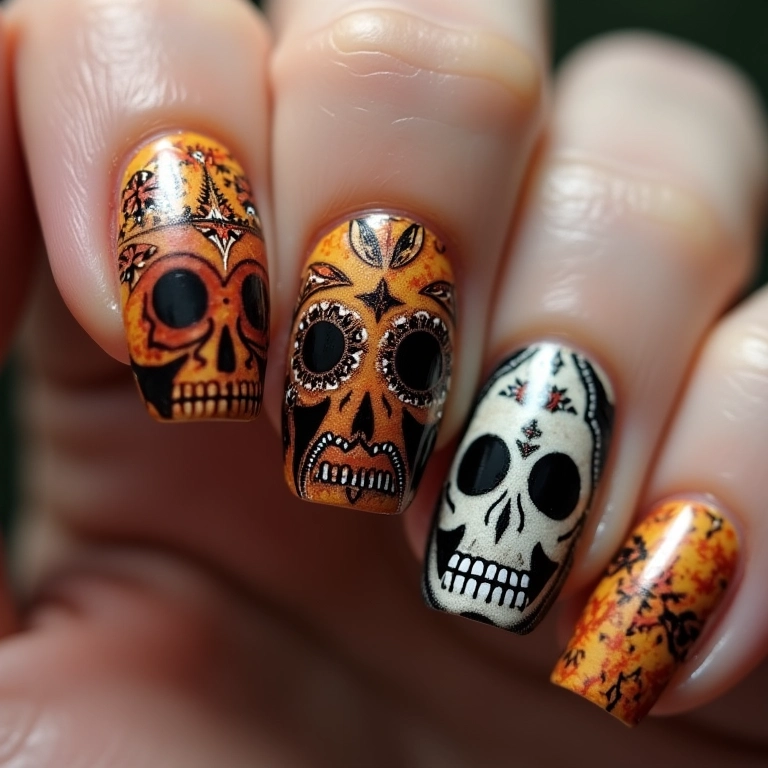 Unhas de caveira com desenhos tribais, estilo único.