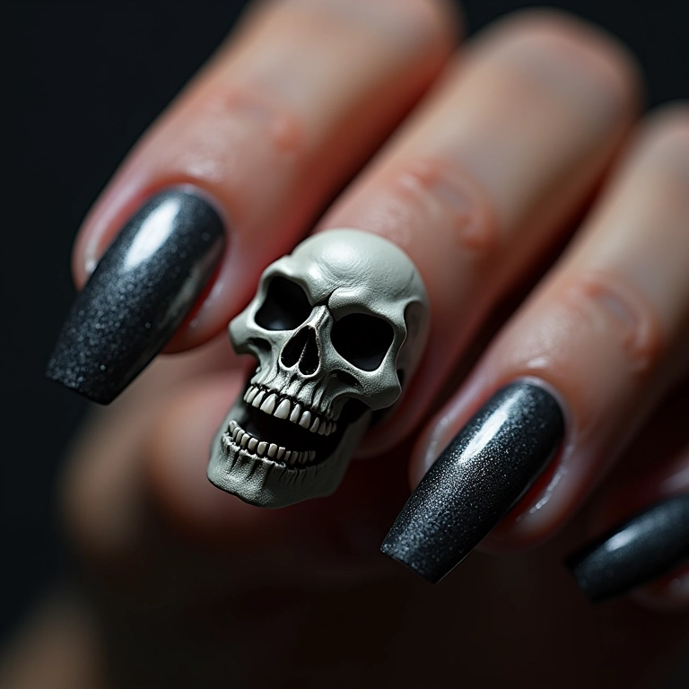 Unhas de caveira com efeito 3D, impressionantes e detalhadas.