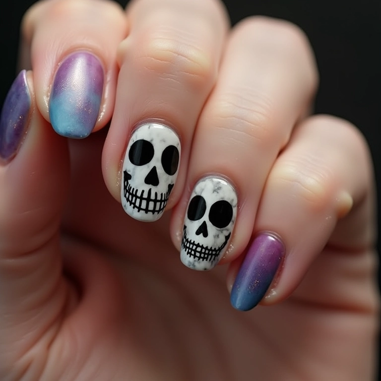 Unhas de caveira com efeito ombré, cores vibrantes.