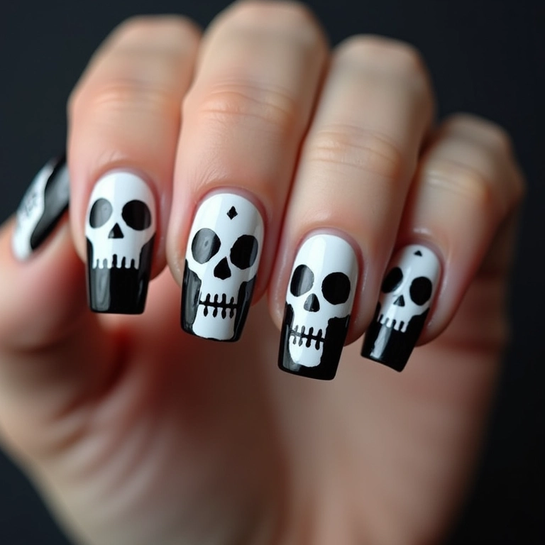 Unhas de caveira com francesinha, estilo moderno e elegante.