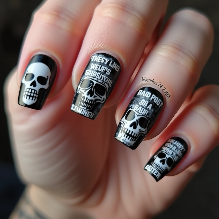 Unhas de caveira com frases, inspiradoras e góticas.