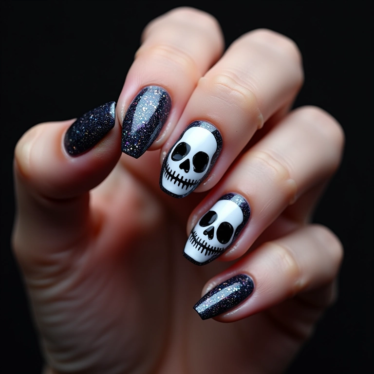 Unhas de caveira com glitter, brilho e glamour.