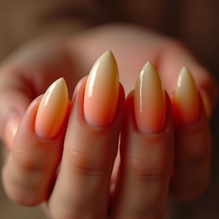 Unhas de fibra de vidro almond com efeito degradê.