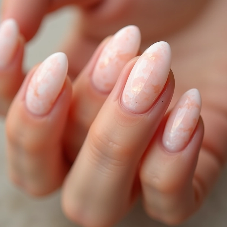 Unhas de fibra de vidro almond com efeito marmorizado.