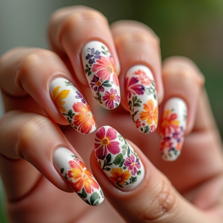 Unhas de fibra de vidro almond com nail art floral.