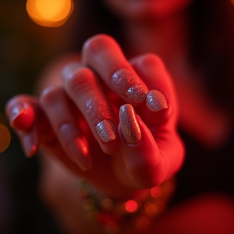 Unhas de fibra de vidro almond decoradas com glitter.