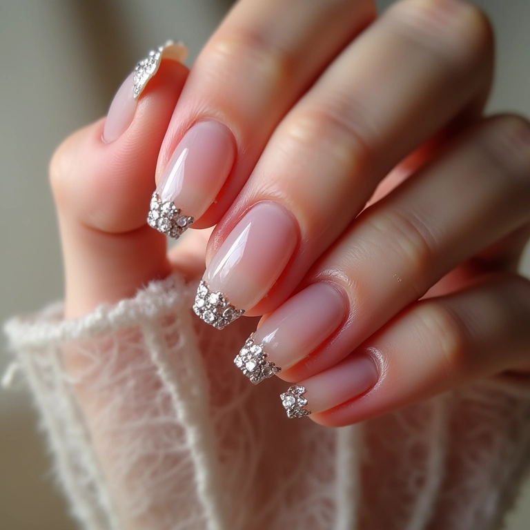 Unhas de fibra de vidro almond decoradas com pedrarias.