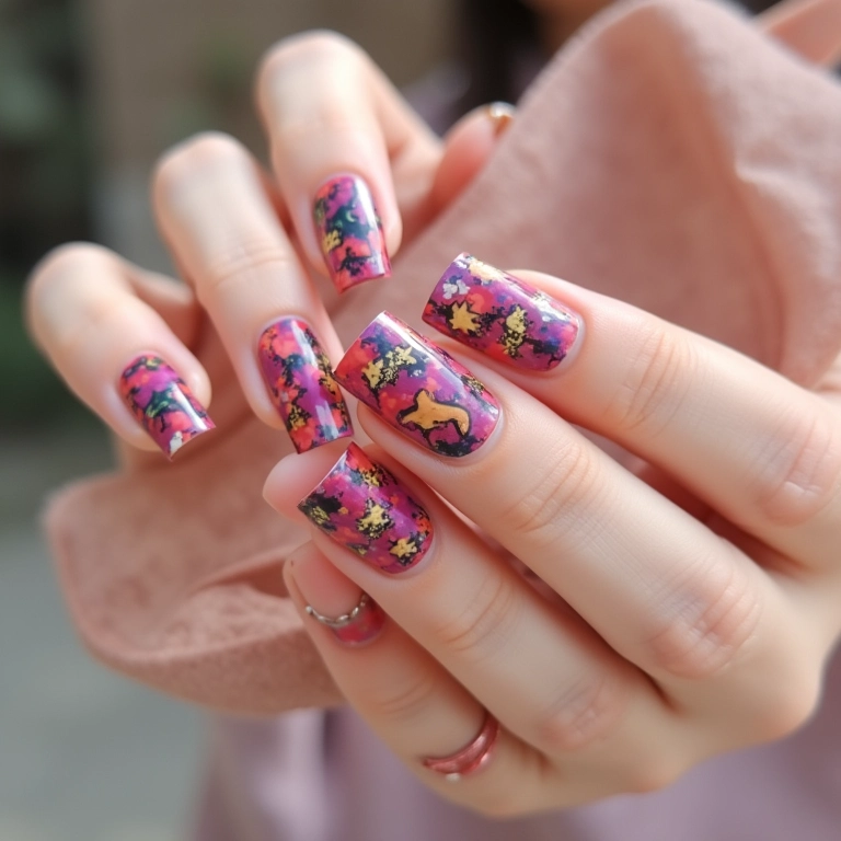 Unhas de fibra decoradas com adesivos estilosos.