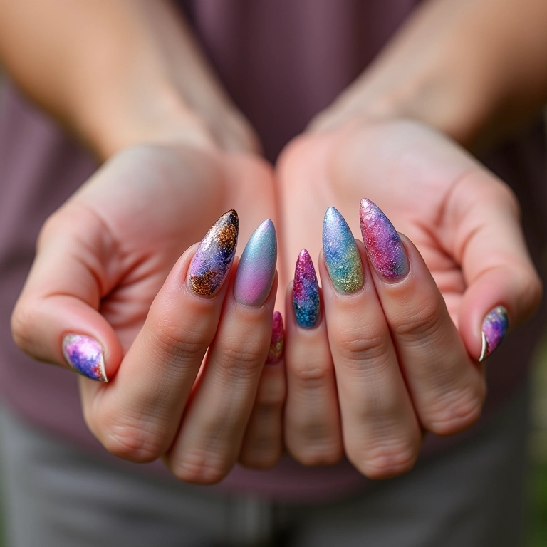 Unhas de fibra decoradas com diversas opções de nail art.