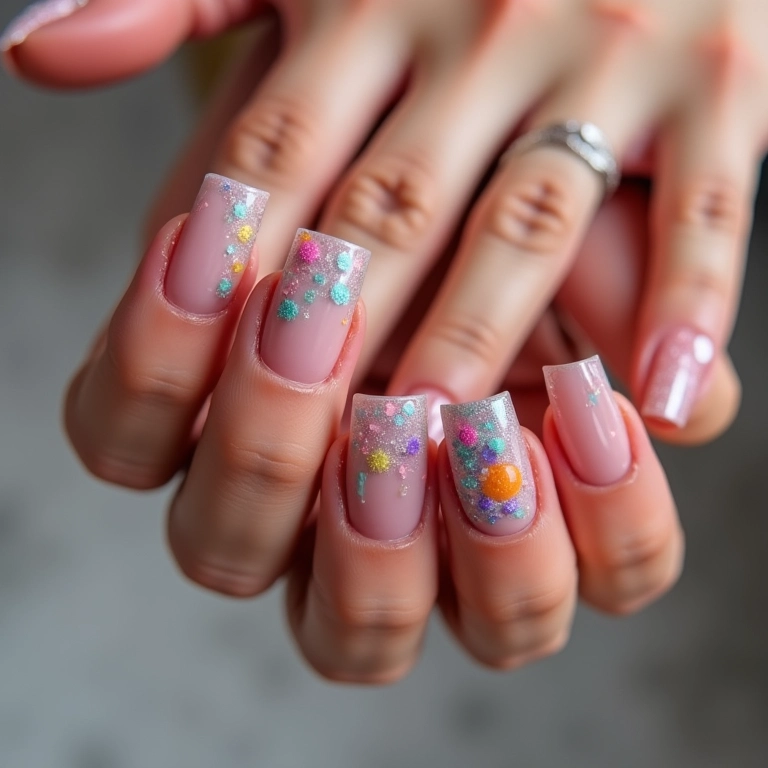 Unhas de fibra moldadas com arte criativa e cores vibrantes.