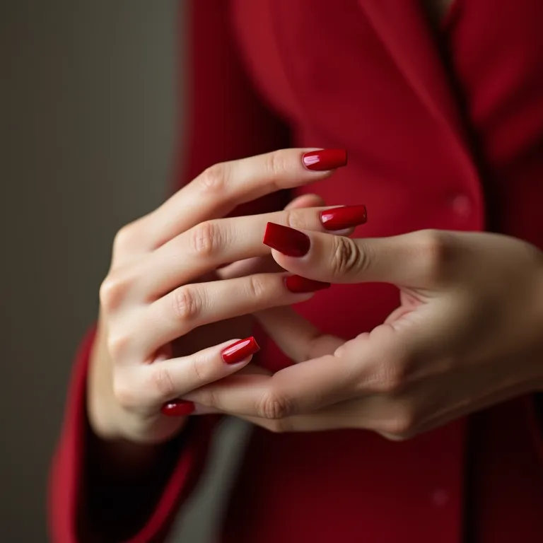 Unhas de fibra vermelhas clássicas em mãos femininas elegantes.