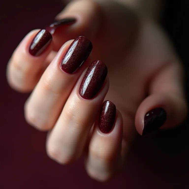 Unhas de fibra vermelho bordô que exalam sofisticação.