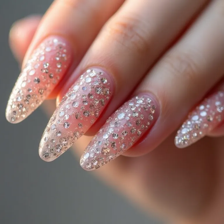 Unhas de gel adornadas com pedrarias, brilho e sofisticação.