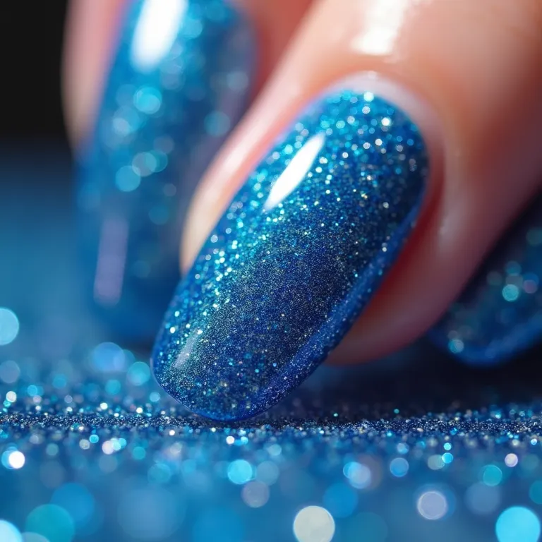 Unhas de gel azuis com glitter brilhando intensamente.