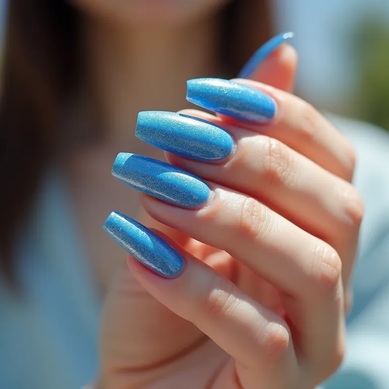 Unhas de gel azuis com glitter brilhando sob a luz natural.