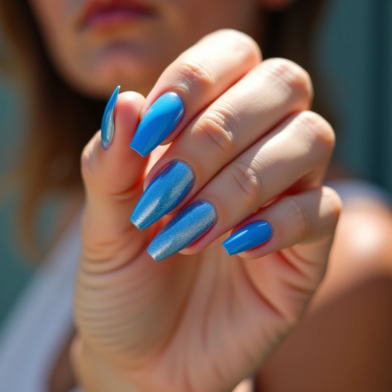 Unhas de gel azuis vibrantes para o verão, design moderno e elegante.