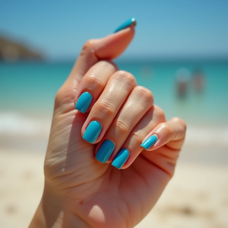 Unhas de gel azuis vibrantes perfeitas para o verão, com detalhes delicados.