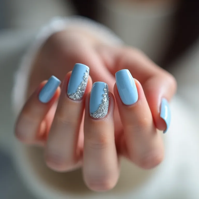 Unhas de gel azul bebê com glitter prata.