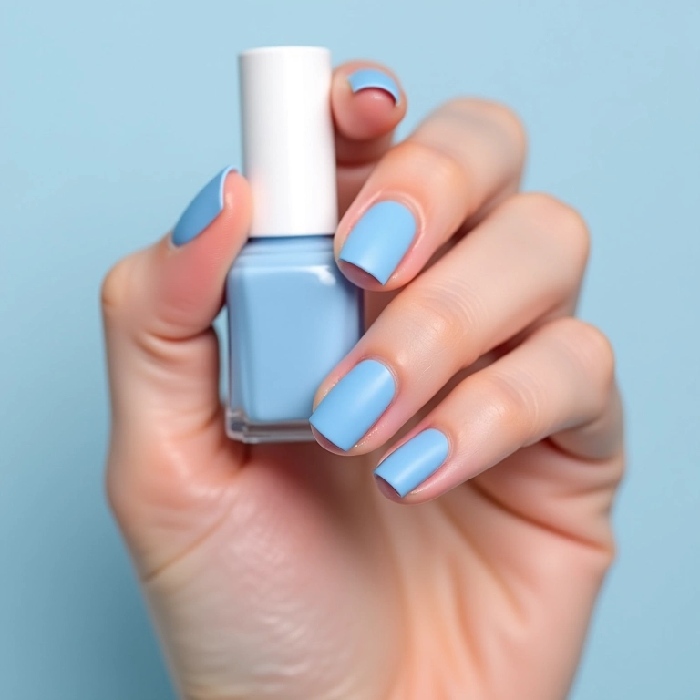 Unhas de gel azul claro com acabamento fosco.