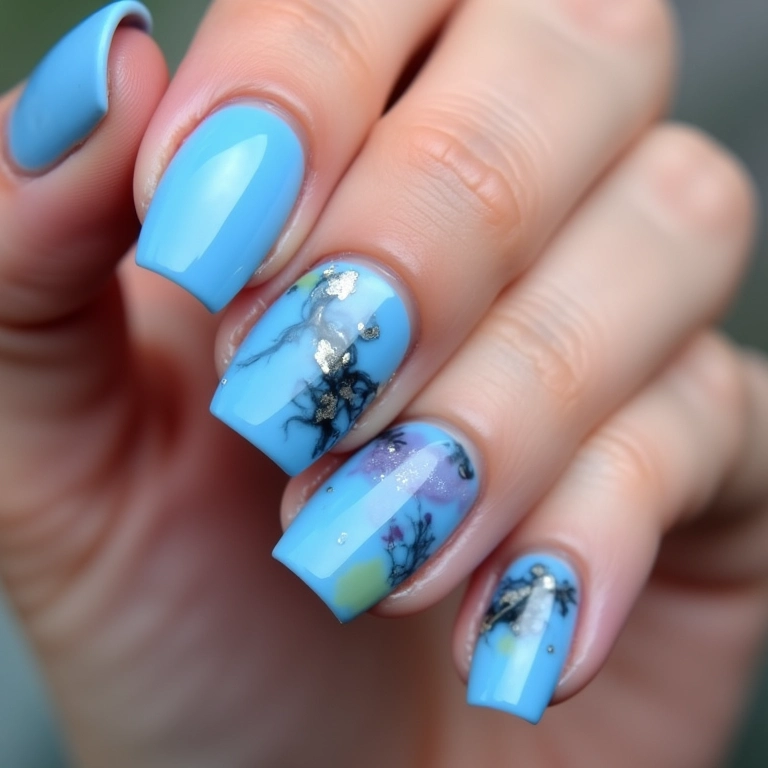 Unhas de gel azul claro com desenhos abstratos coloridos.