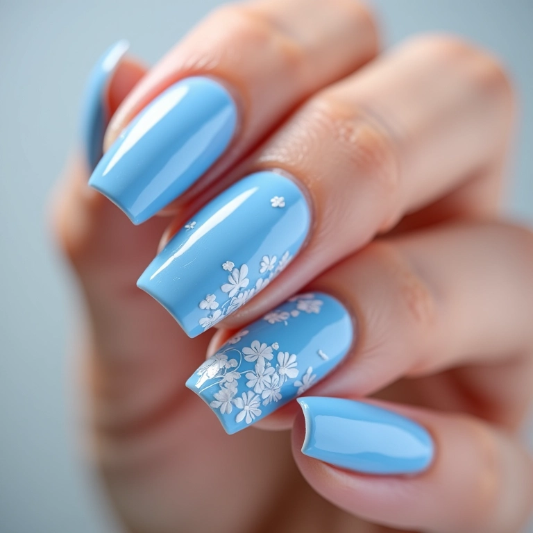 Unhas de gel azul claro com detalhes delicados em branco.