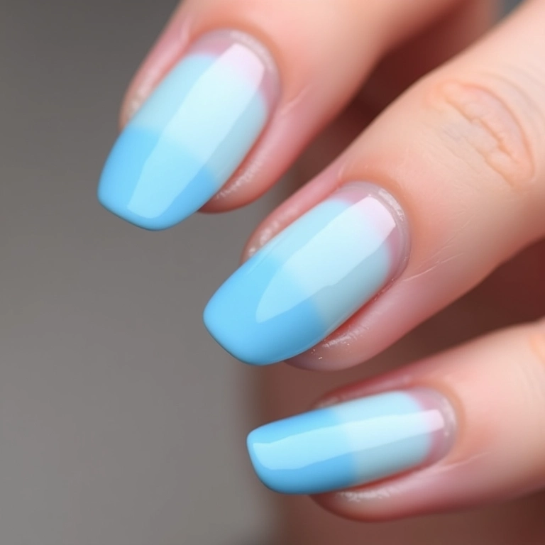 Unhas de gel azul claro com efeito degradê suave.