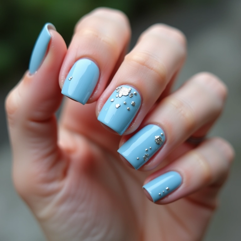 Unhas de gel azul claro com glitter delicado.