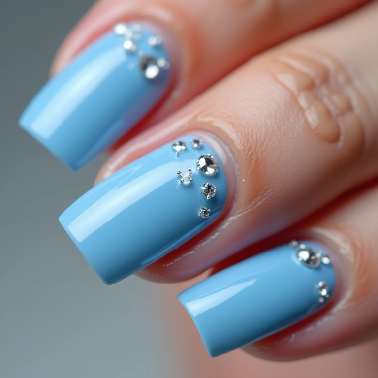 Unhas de gel azul claro com pedrarias brilhantes.
