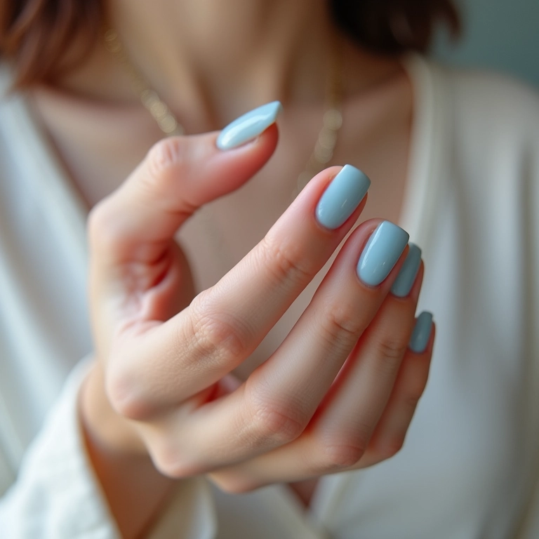 Unhas de gel azul claro delicadas e elegantes.
